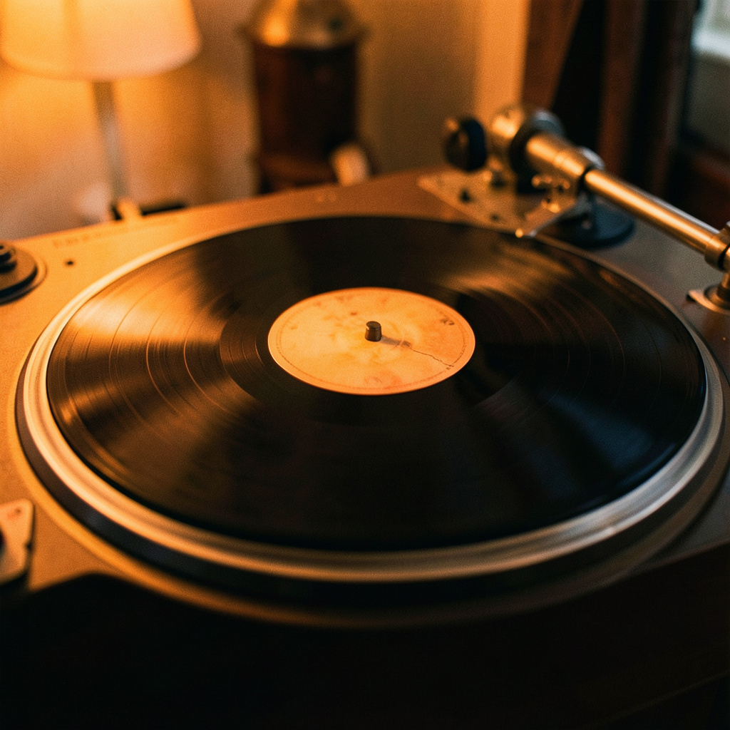 Close-up of a vinyl record spinning on a turntable under warm dim light, nostalgic and intimate
