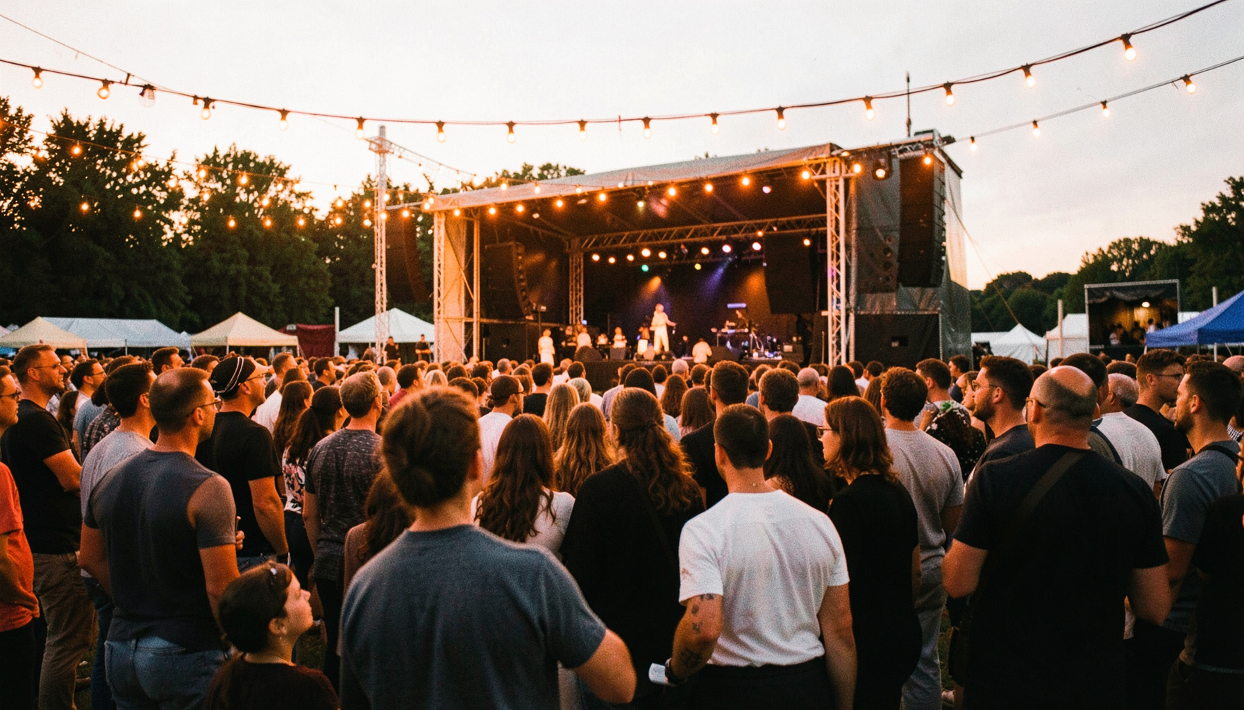 Crowd gathered in front of an outdoor stage at dusk, warm amber string lights overhead, casual festival atmosphere