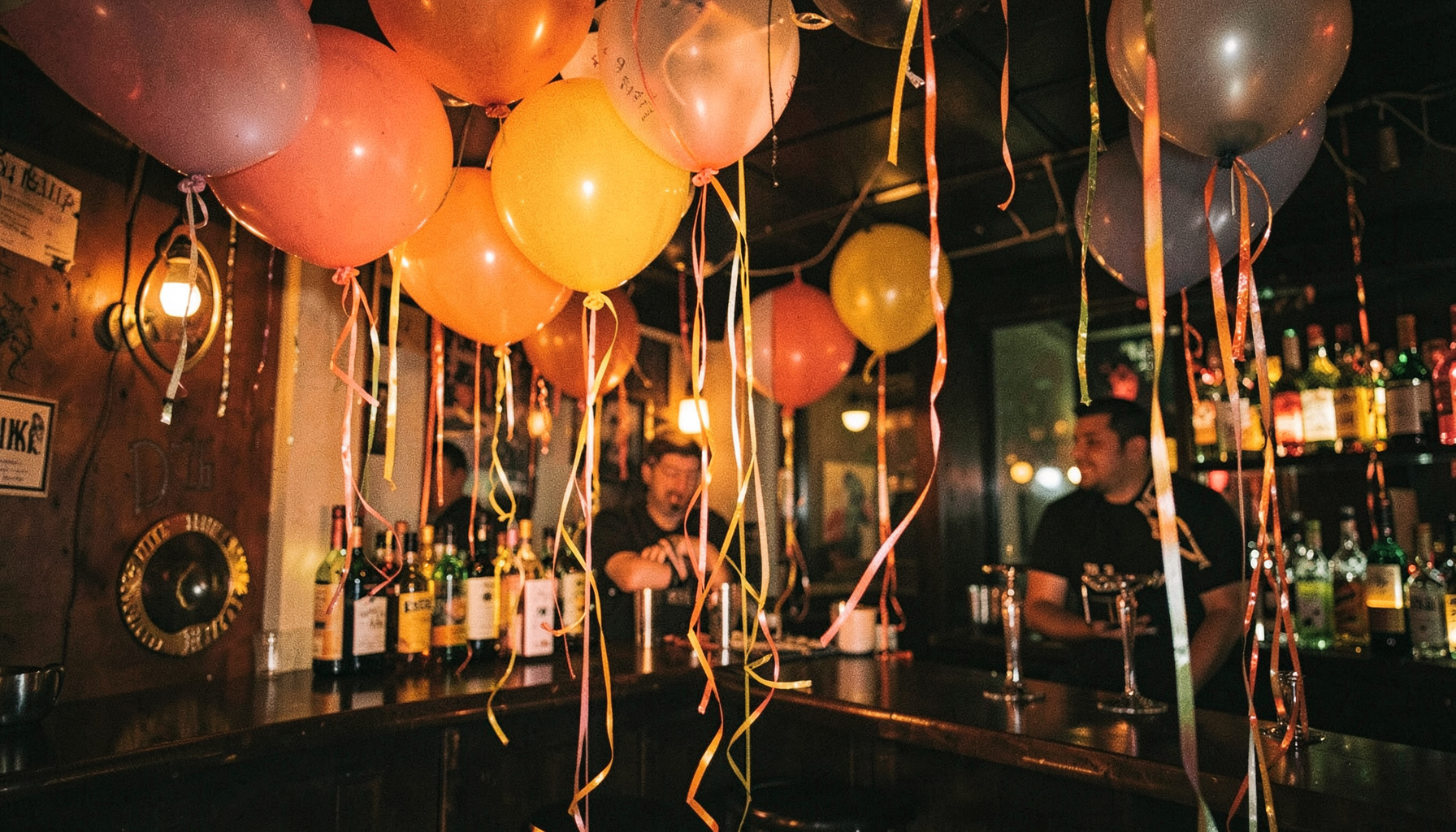Birthday balloons and streamers decorating a bar corner, warm tungsten light, festive late-night vibe