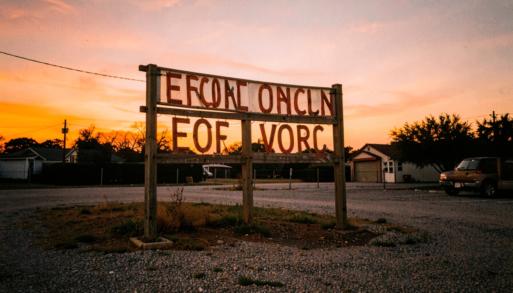 Dusk sky over a roadside venue sign with hand-painted lettering, gravel parking lot, rural Texas feel