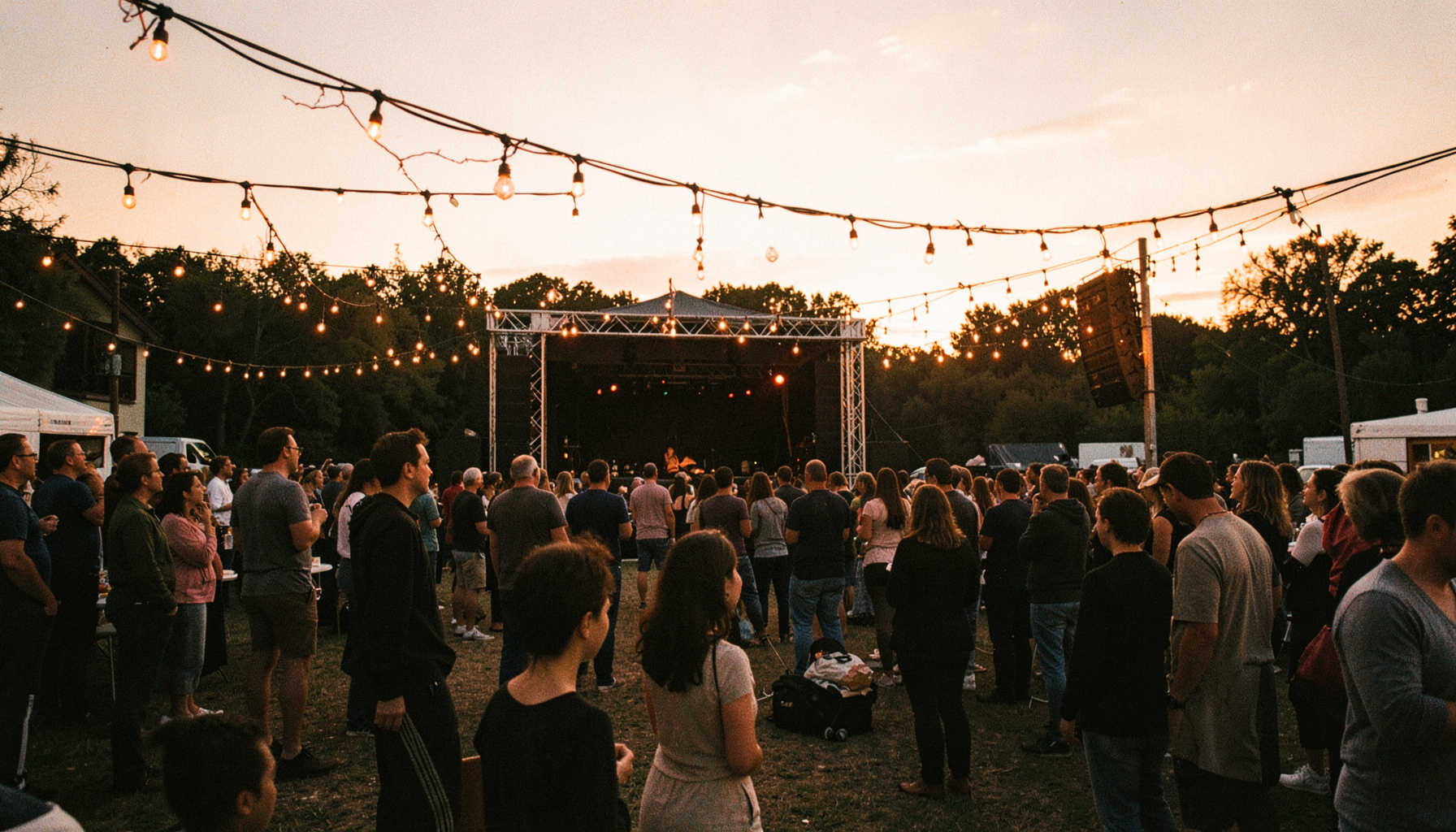 Outdoor venue at dusk with string lights overhead, small crowd gathering near the stage, golden-hour sky