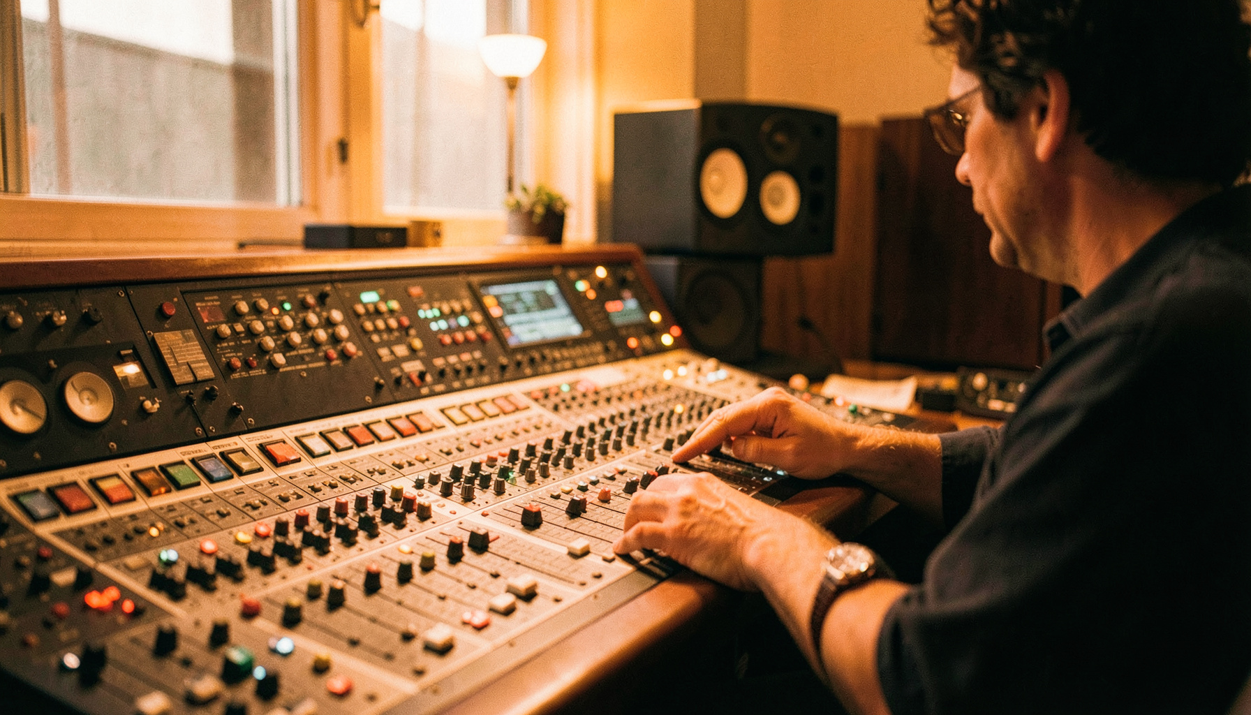 Mixing console and studio monitors in a control room, soft amber light, someone adjusting faders