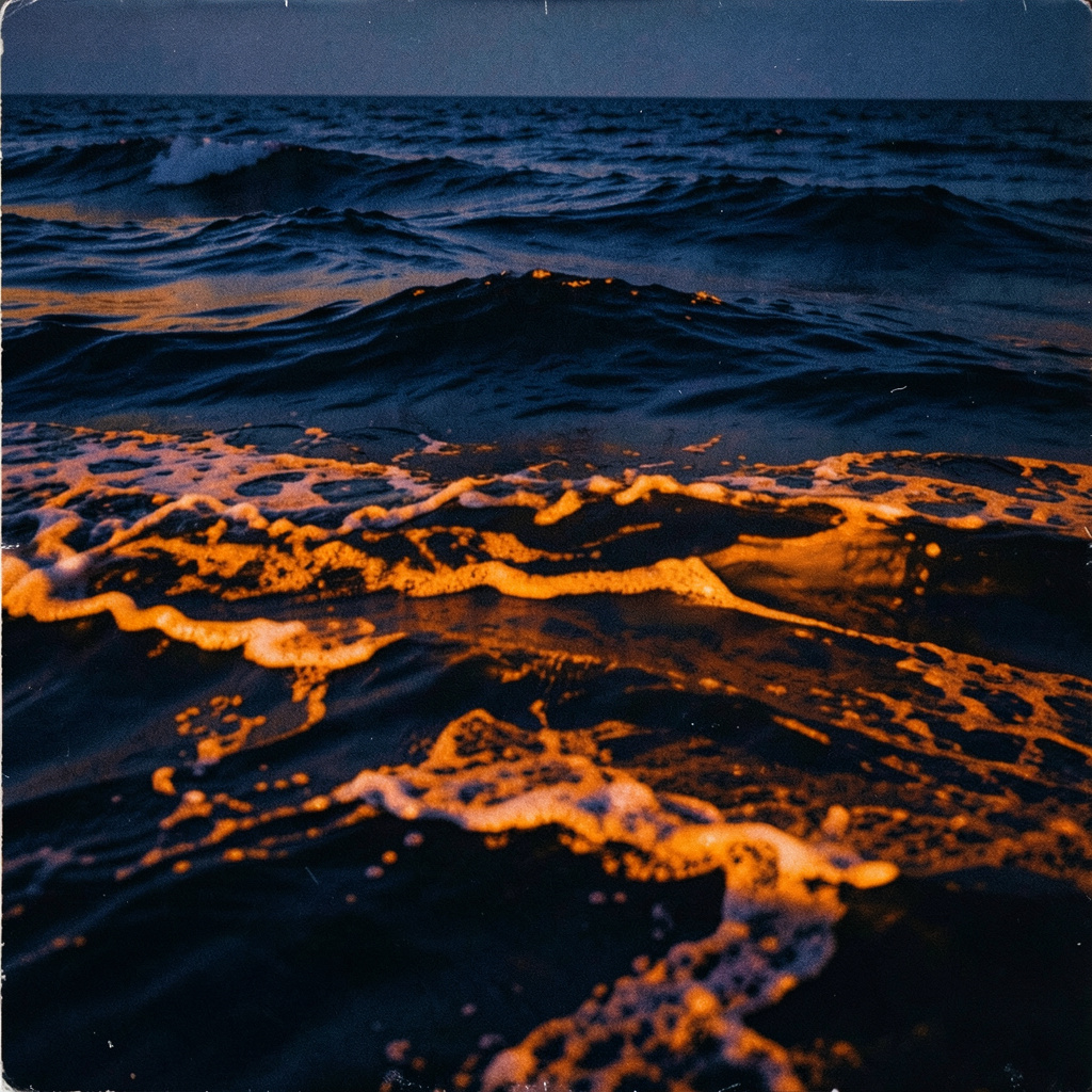 Album cover art with deep navy and burnt orange abstract textures suggesting ocean waves at sunset